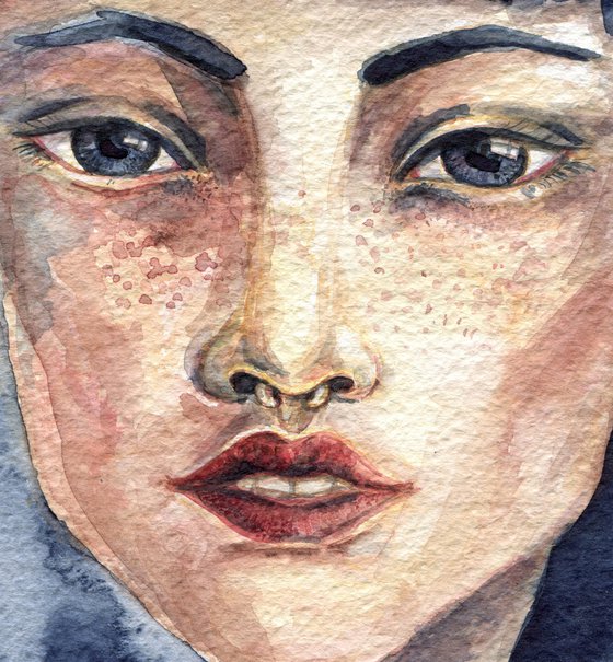 Watercolor portrait of girl with blue hair and nose piercing