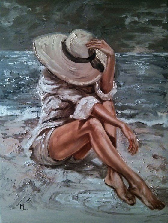 " UNDER MY HAT ... "- SEA SAND liGHt  ORIGINAL OIL PAINTING, GIFT, PALETTE KNIFE