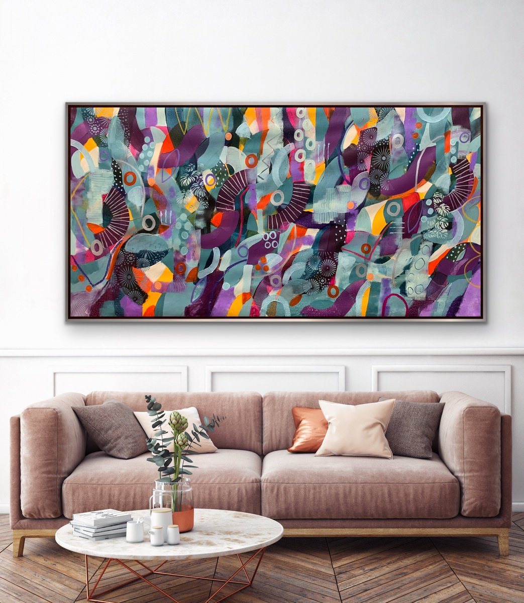 Organic Abstract Acrylic Painting By Rashna Hackett, 72 X 37", Emotion Has Found Thought, Original Artwork