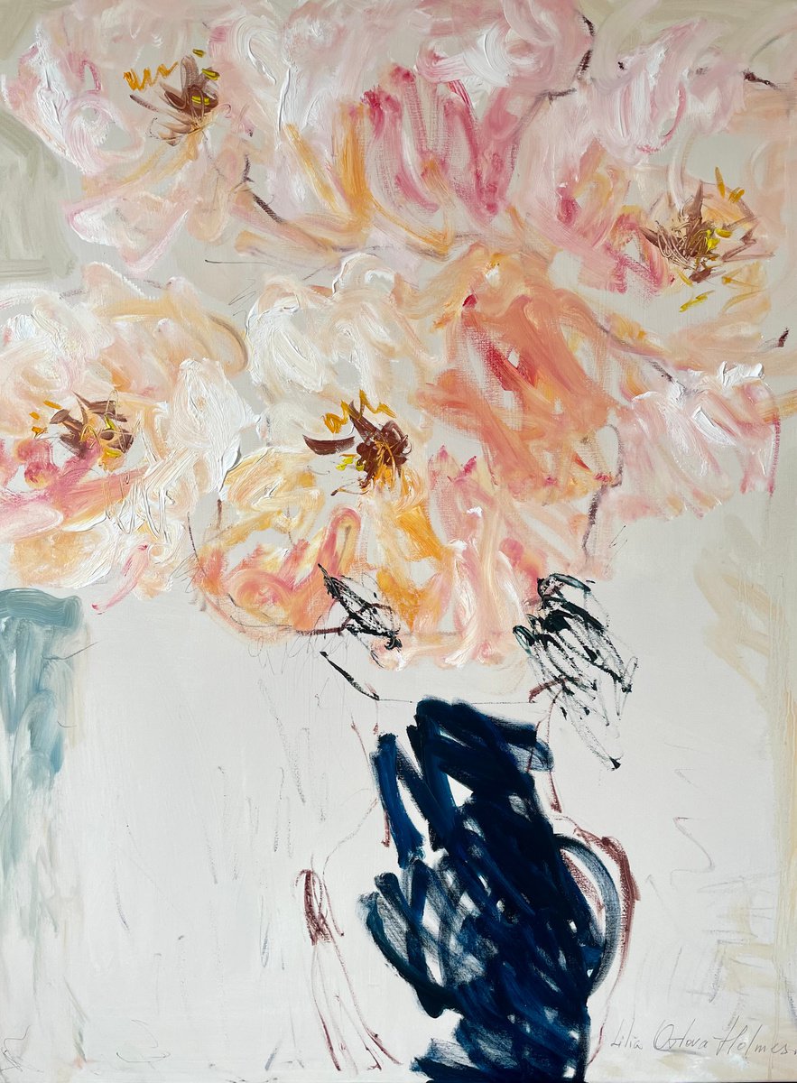 Expressive Botanical Oil Painting By Lilia Orlova-Holmes, 35 X 47", Peonies In A Blue Vase., Original Artwork