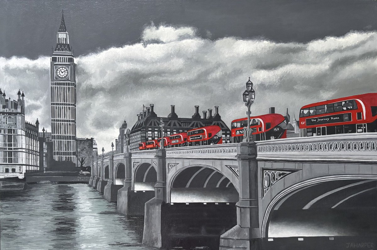 Photorealistic Oil Painting , Buses On Westminster Bridge By Jill Ann Harper, 32 X 22, Artwork For Sale On Artfinder