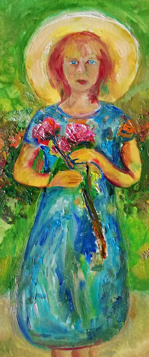 "Girl with Flowers" Original Oil on Paper Artwork by Katia Ricci