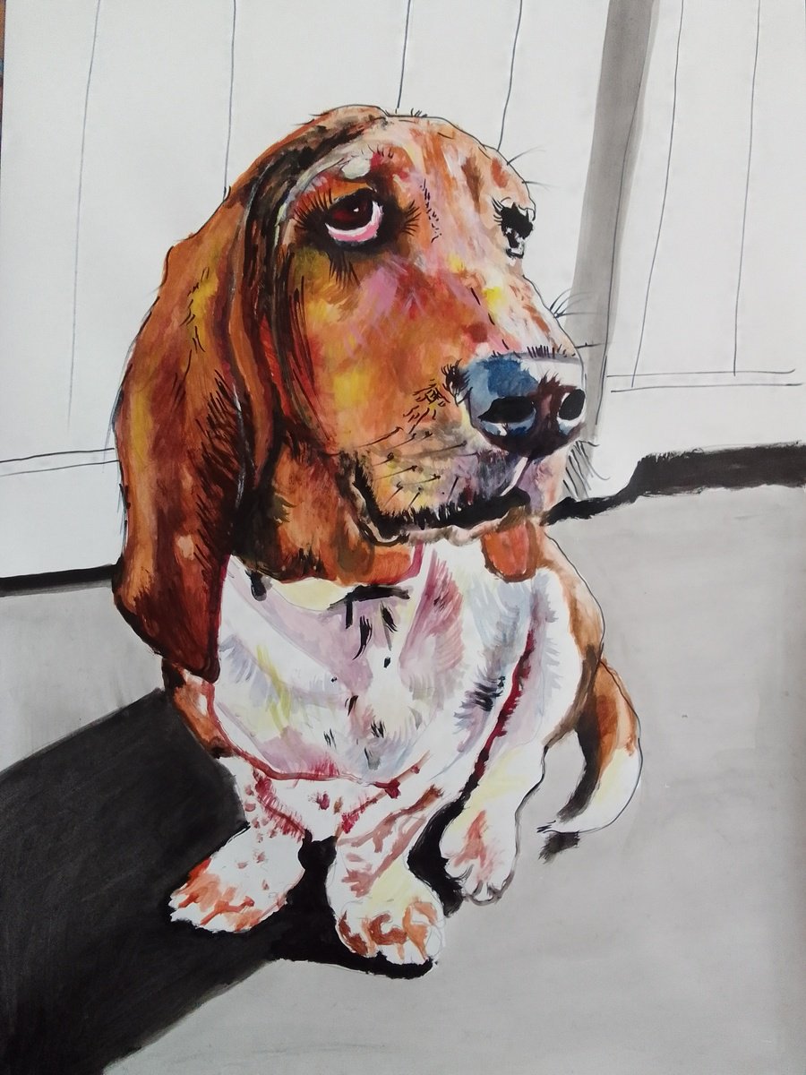 Photorealistic Animal Acrylic Painting By Soso Kumsiashvili, 24 X 33", Bassethound, Original Artwork