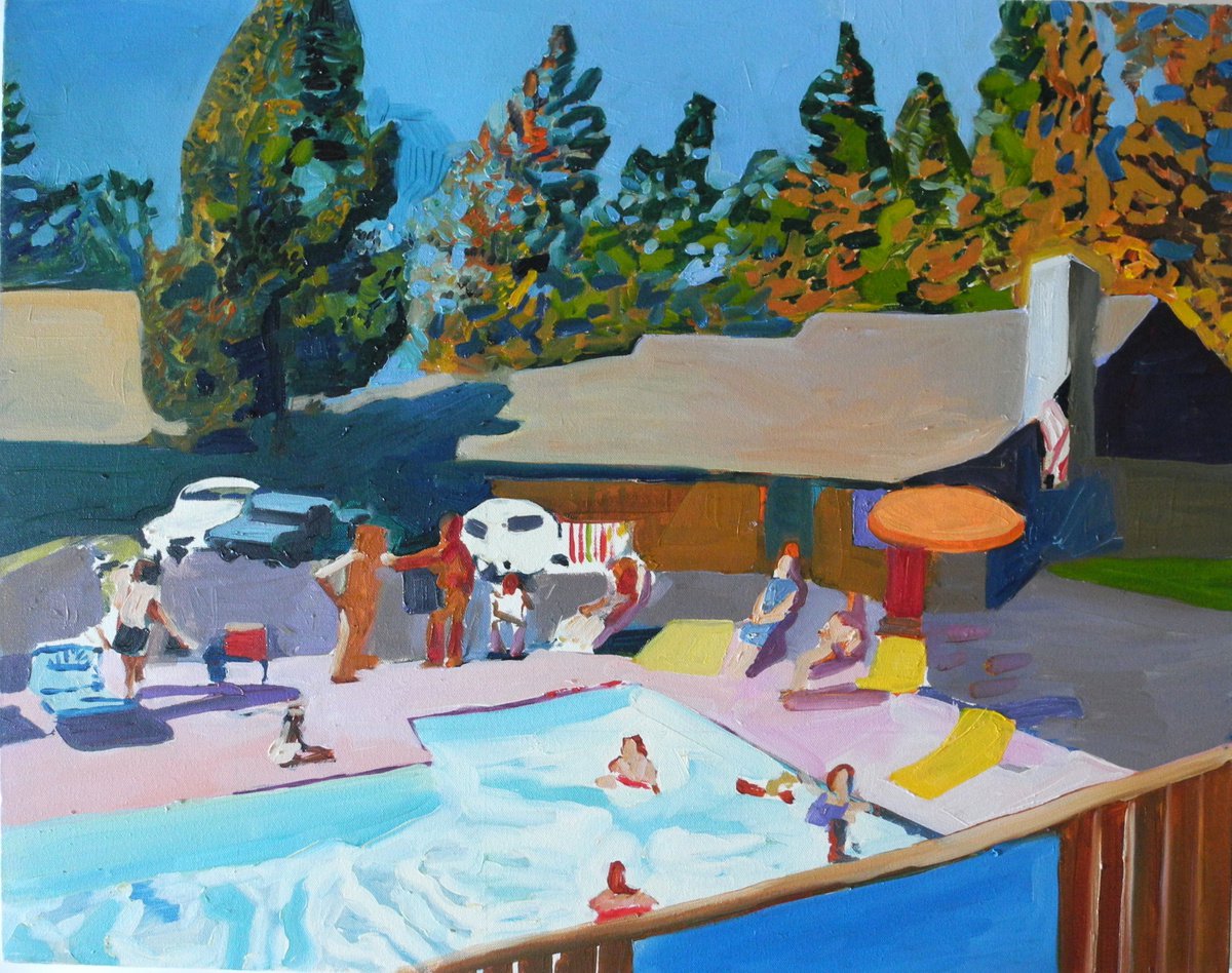 Impressionistic Portrait Painting By Stephen Abela, 30 X 24", Motel Pool Scene, Original Artwork