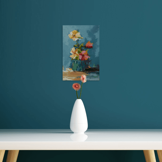 Modern art. Still life painting. Flowers in vase. Gift idea