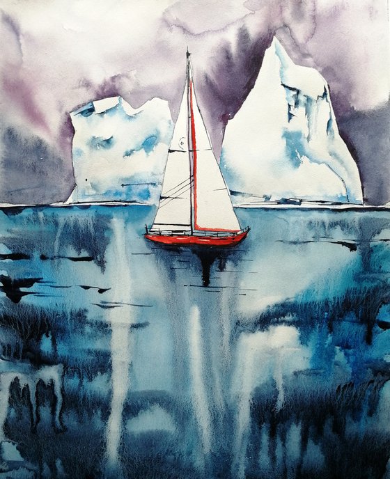 Red sailboat\ICEBERG PAINTING/ ANTARCTICA
