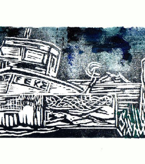 Boat, Dungeness with monoprint by Anna Robertson