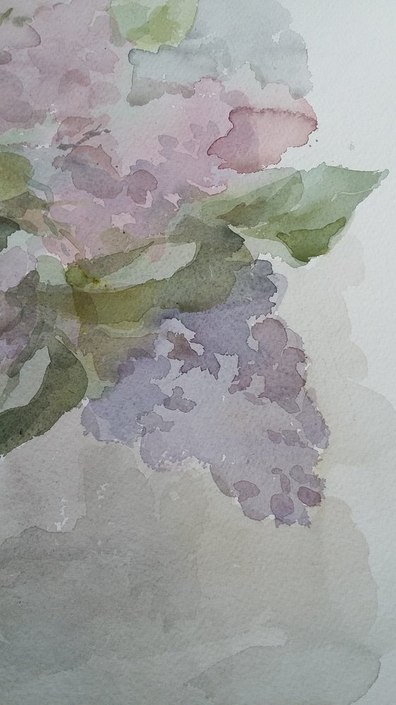 Bouquet of lilac flowers in vase. Original watercolour painting