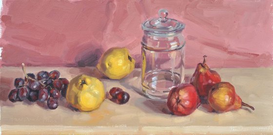 Quinces, grapes, pears and an old glass jar