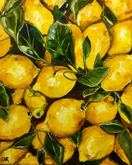 Lemons, oil painting, still life. Palette knife painting on canvas.