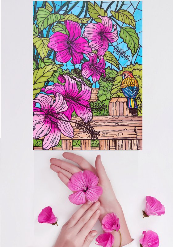 Pink flowers in garden - colorful graphics illustration art in stained glass style