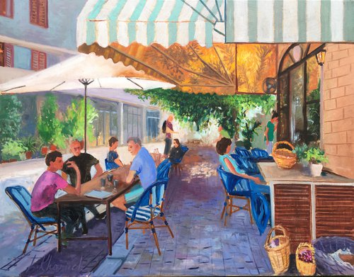 South Tel-Aviv restaurant, people eating, Israeli cityscape by Leo Khomich