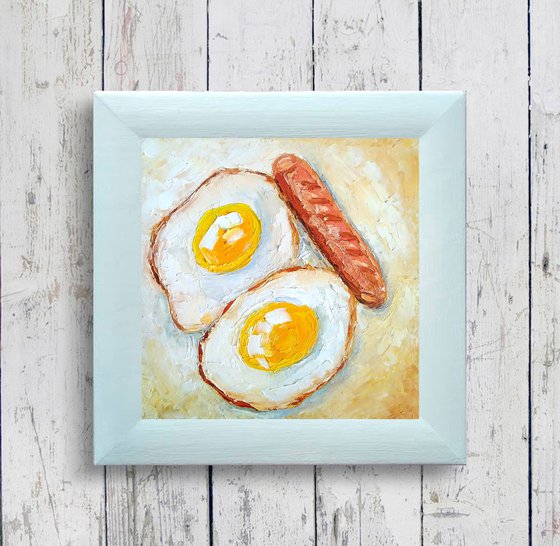 The breakfast, Fried Egg Painting Original Art Kitchen Food Artwork Breakfast Wall Art Small Oil Painting