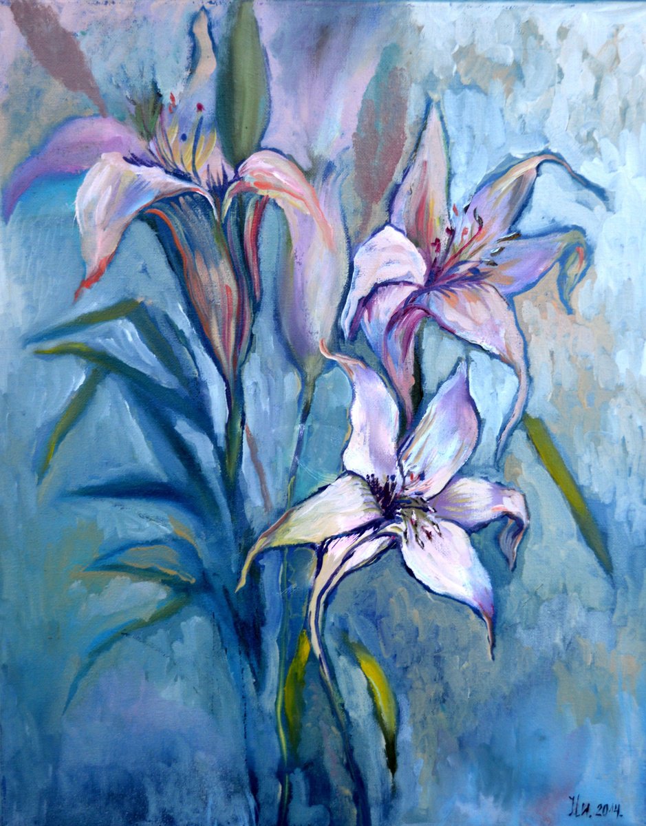 Impressionistic Botanical Oil Painting By Elena Lukina, 16 X 20, Beautiful Lilies, Original Artwork