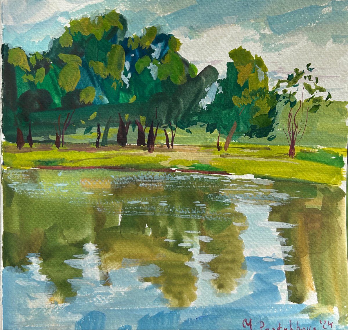 Impressionistic Landscape Painting By Yuliia Pastukhova, 8 X 8", Spring Near The Lake, Original Artwork