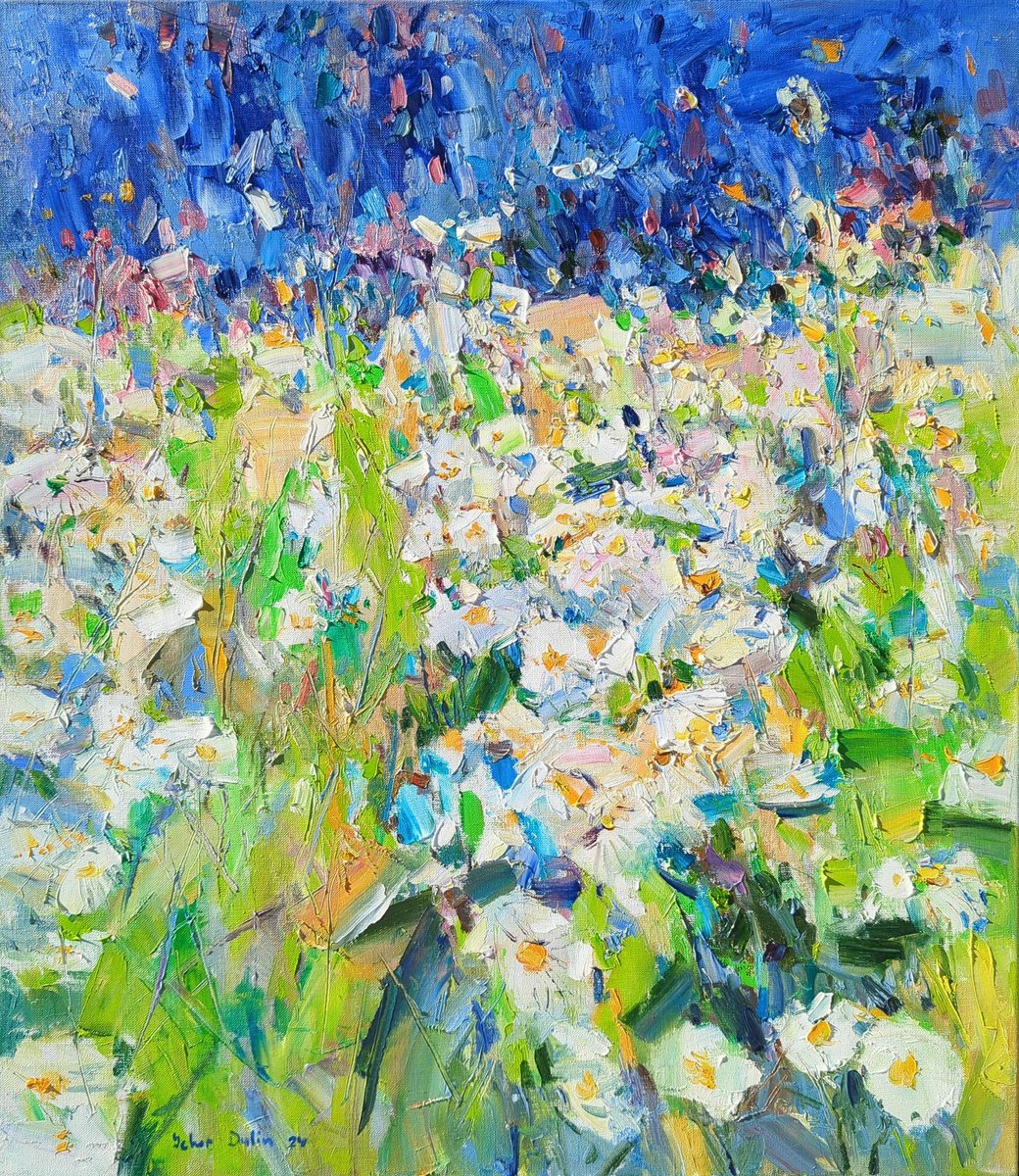 Expressive Botanical Oil Painting By Yehor Dulin, 26 X 30", «Summer Daisies», Original Artwork