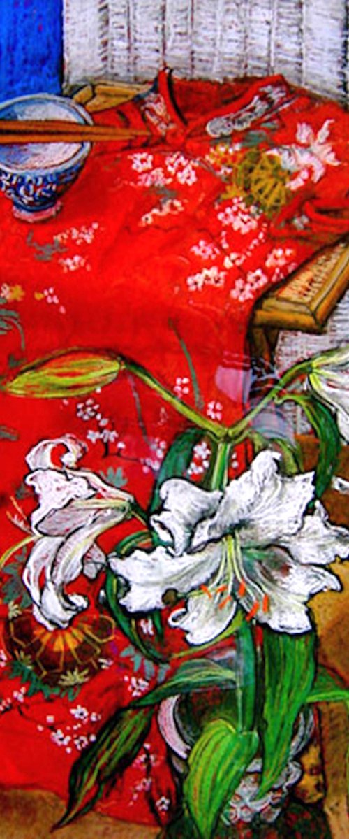 White Lilies and Red Kimono by Patricia Clements