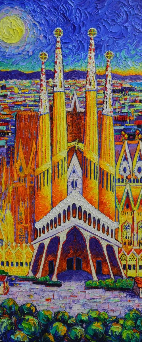 SAGRADA FAMILIA BARCELONA AERIAL VIEW DAWN BY MOON textural impasto palette knife oil painting by Ana Maria Edulescu by ANA MARIA EDULESCU