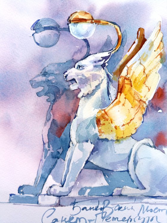 "Statues of Griffons on the Bank Bridge, St. Petersburg" architectural landscape - Original watercolor painting