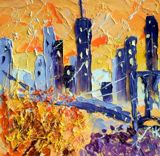 NYC Fall Painting Cityscape Original Art New York Small Oil Artwork Autumn Impasto Pallete Knife Wall Art 8 by 8" by Halyna Kirichenko