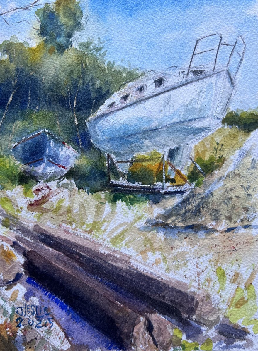 Impressionistic Landscape Watercolour By Jimmy Leslie, 6 X 8, Boatyard, Keyport Towers Marina, Original Artwork