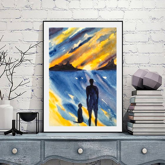 Man and Dog Painting Seascape Original Art Beach Dog Walker Watercolor Artwork Small Home Wall Art 8 by 12" by Halyna Kirichenko