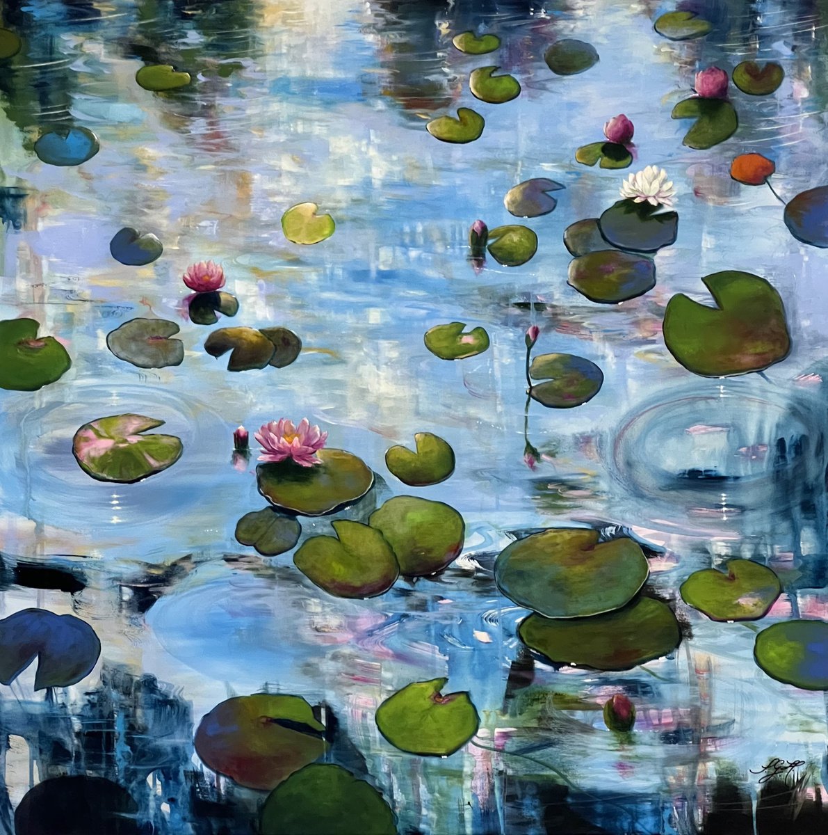 Impressionistic Botanical Acrylic Painting By Sandra Gebhardt-Hoepfner, 39 X 39", Always Waterlilies 4, Original Artwork