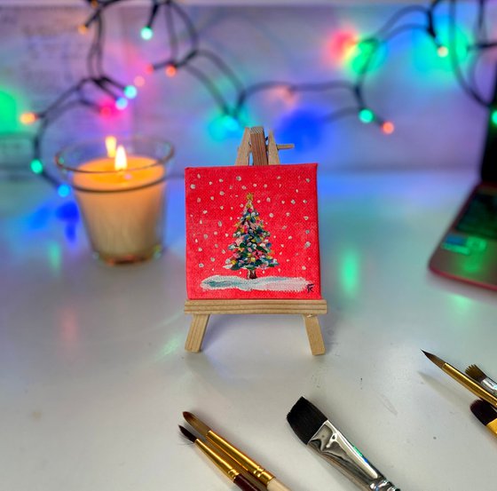 Christmas tree original mini acrylic painting on canvas, New Year pine tree picture on easel