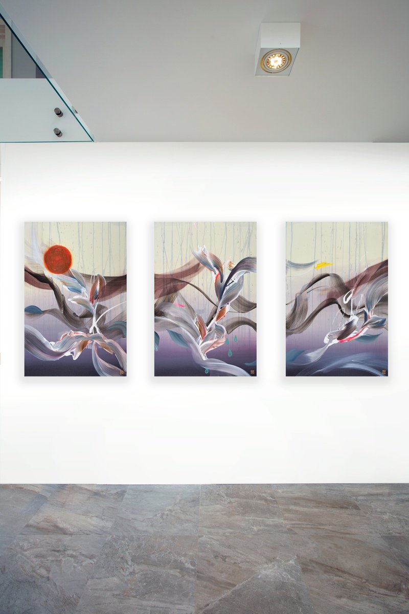 Abstract Acrylic Painting By Novi Lim, 76 X 36", The Rainmaker Triptych, Original Artwork