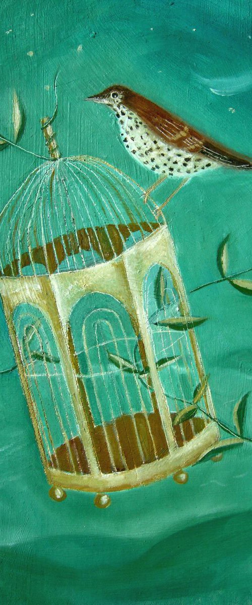 Birdcage with Songthrush by Mary Stubberfield