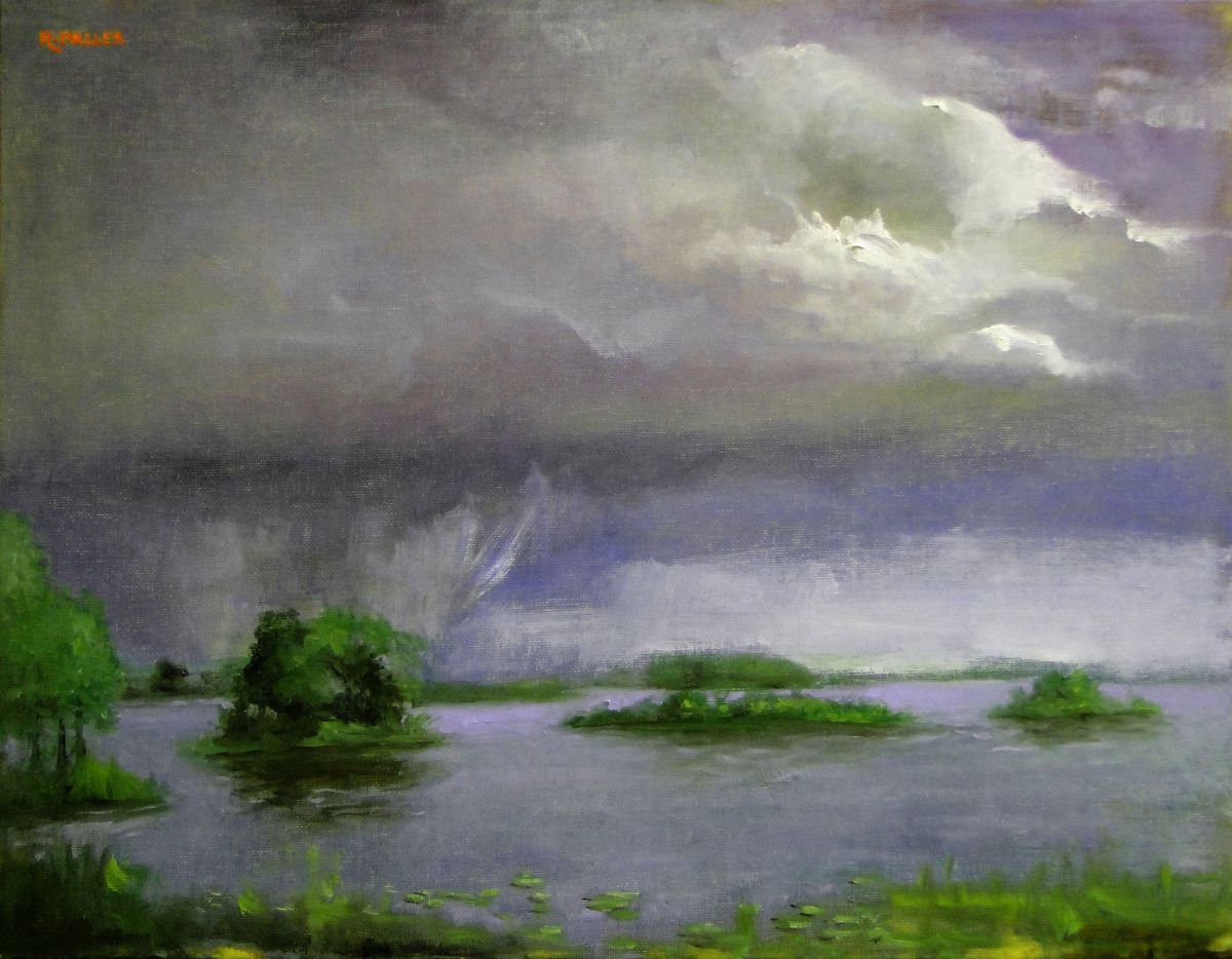 Landscape Oil Painting By Rick Paller, 18 X 14", Storm Clouds Over The Lake, Original Artwork