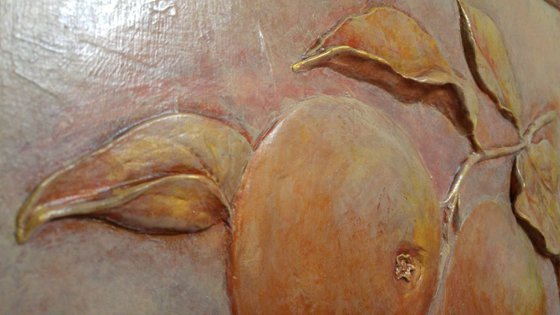 "Golden apples" - paper clay on carton board, one-of-a-kind bas-relief (22,5x18,5x1")