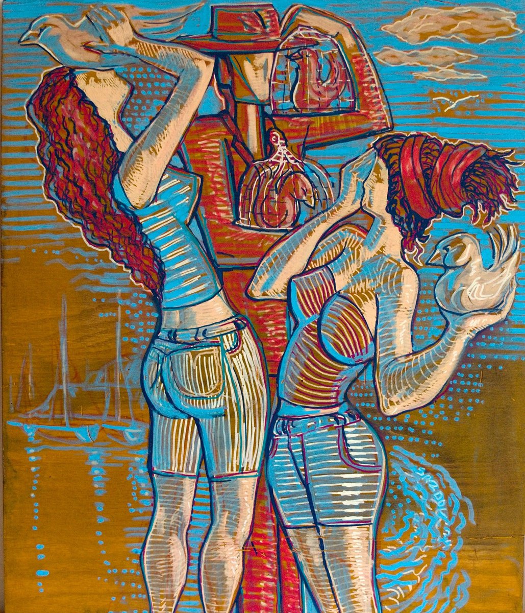 Expressive Animal Acrylic Painting By Rumen Sazdov, 22 X 26", Scarborough Bird Market, Original Artwork