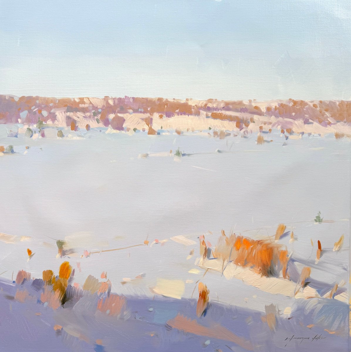 Impressionistic Landscape Oil Painting By Vahe Yeremyan, 30 X 30", Winter Silence, Original Artwork