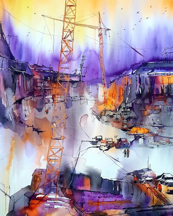 Construction site. Original watercolor painting, Ready to hang