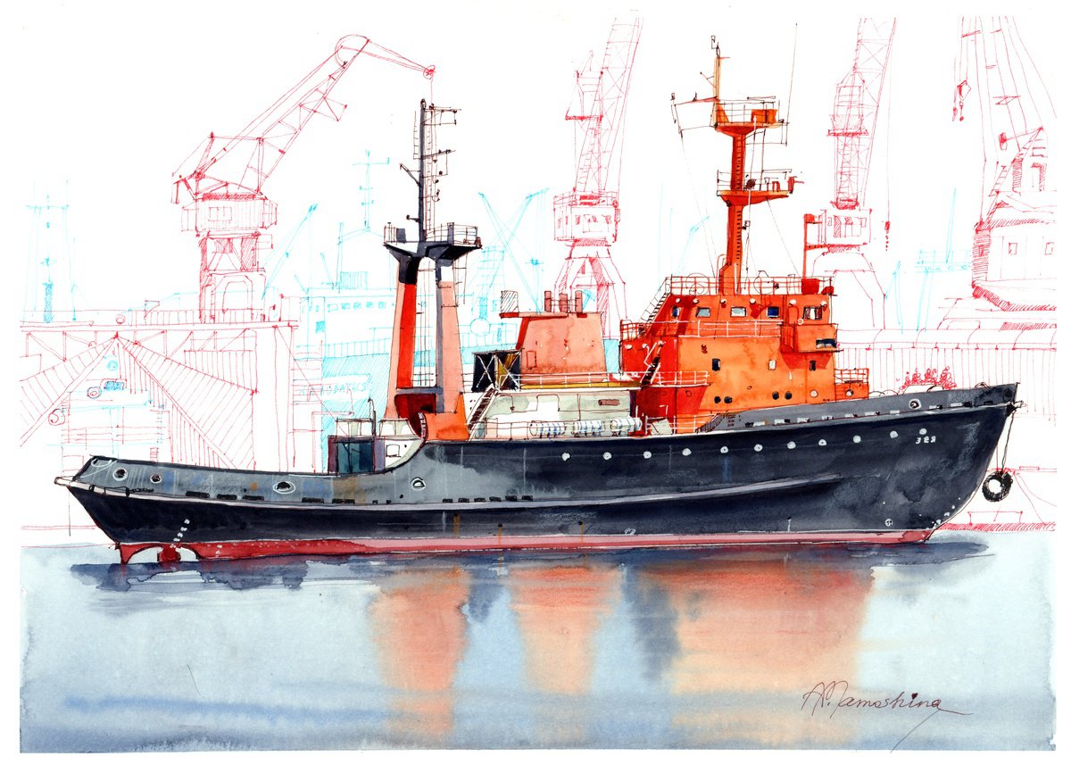 Illustrative Transport Ink Drawing By Anastasia Mamoshina, 17 X 12, Scarlet Guardian. Tugboat, Original Artwork