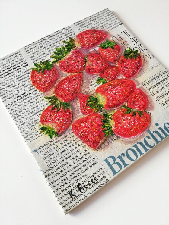 "Strawberries on Newspaper Original Oil on Canvas Board Painting 8 by 8 inches (20x20 cm)