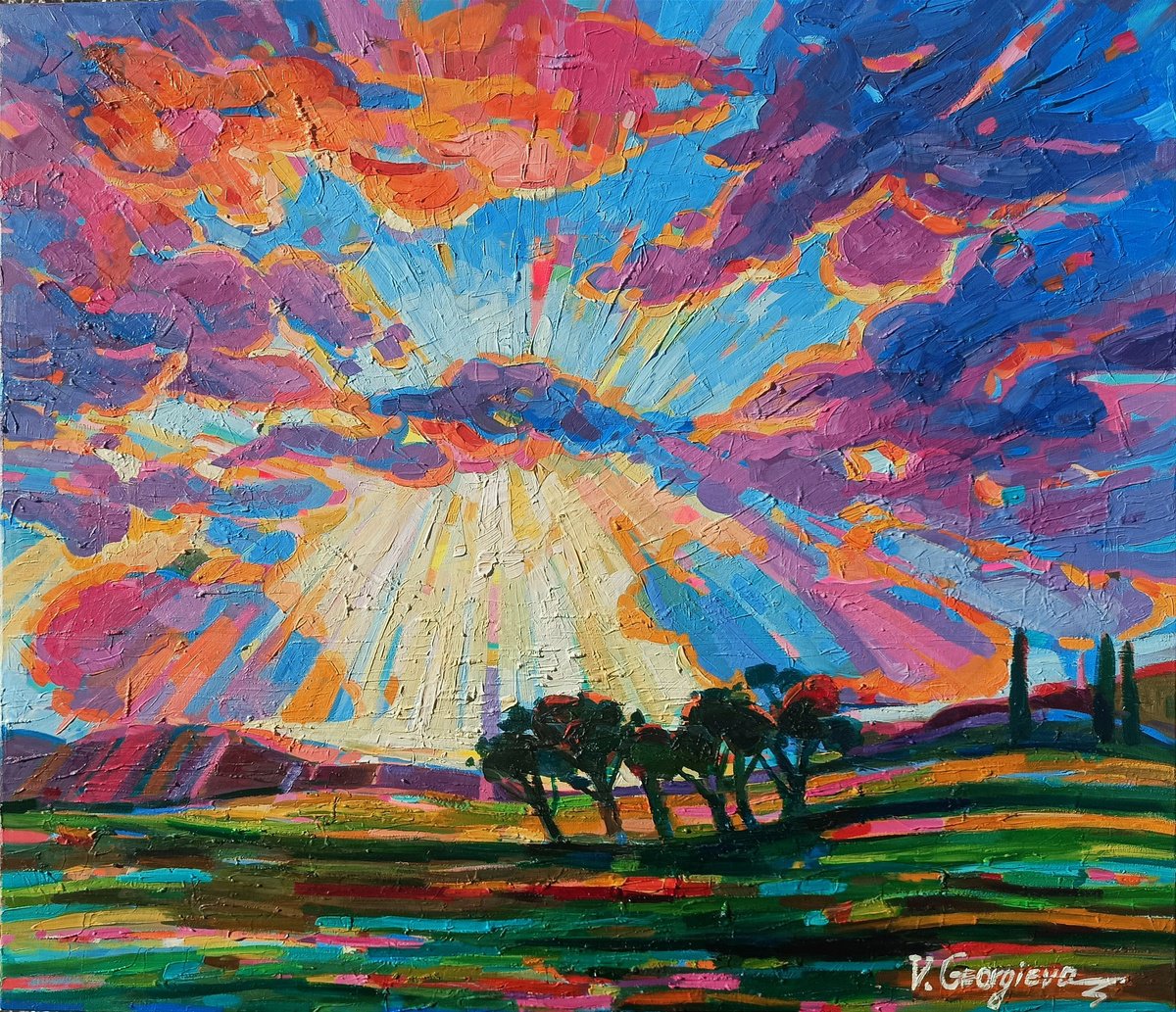 Impressionistic Landscape Oil Painting By Vanya Georgieva, 31 X 28", When The Light Goes Down, Original Artwork