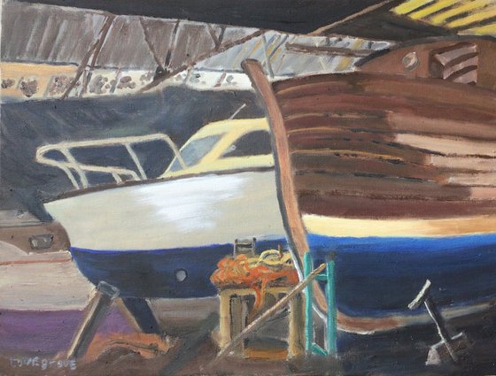 Inside the boathouse, A Norfolk Boatyard oil painting.