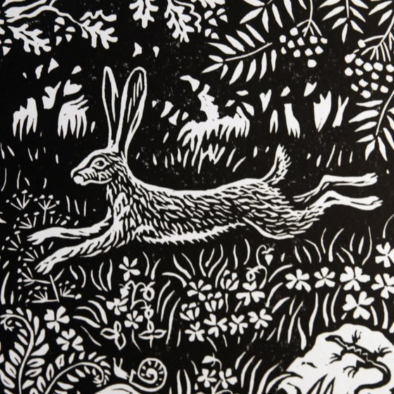 Hare linocut print.