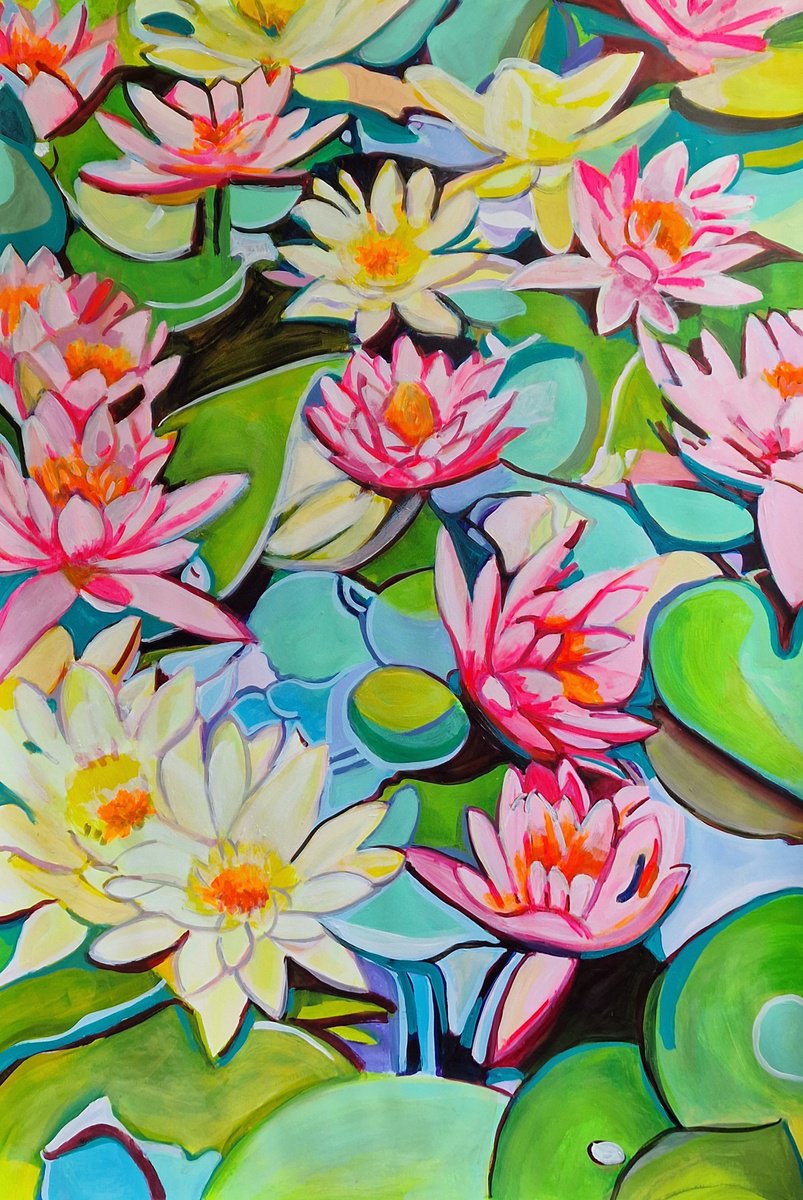 Urban And Pop Botanical Acrylic Painting By Alexandra Djokic, 28 X 39, Water Lilies, Original Artwork
