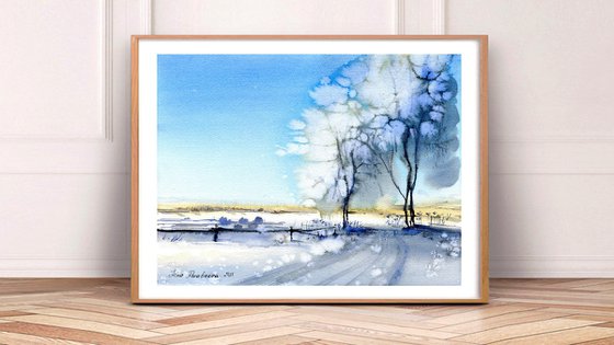 Winter field and trees original watercolor painting , blue sky and snow living room decor , gift idea