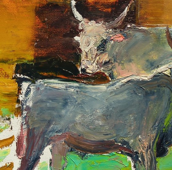 Calves on green grass . Spring sketch with bulls Original oil painting