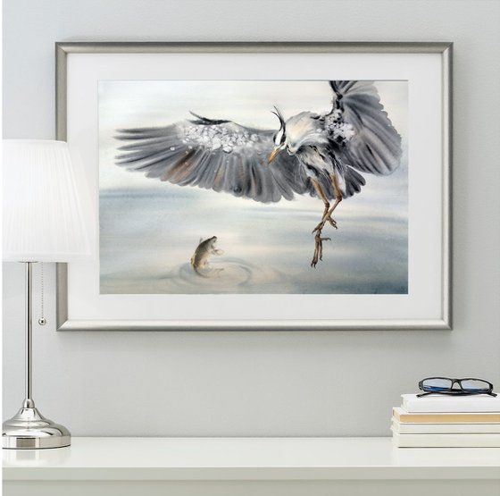 You're... Immortal? - Grey heron & Carp - Great Blue Heron - bird painting -  heron - koi carp