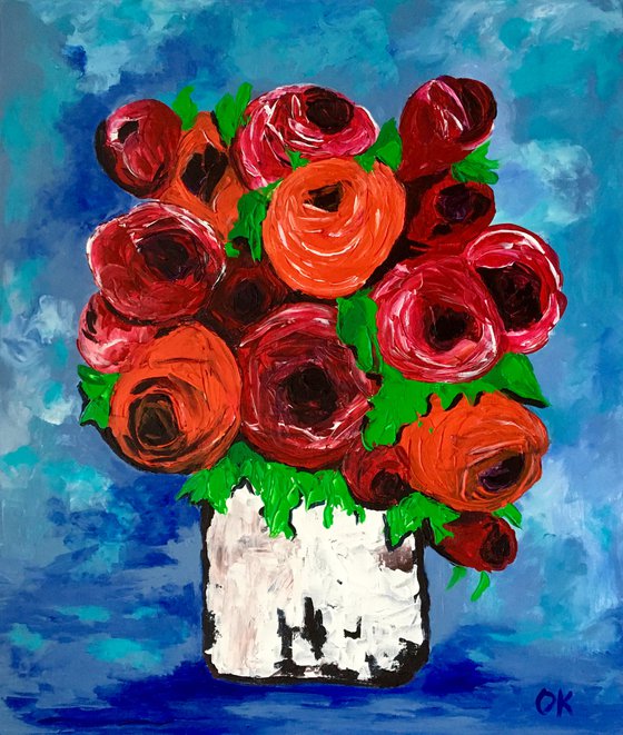 BOUQUET OF Red  Roses textured acrylic painting, palette knife artwork