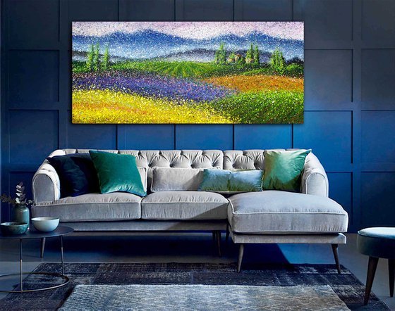 Large lavender wheat Impressionist Painting Large Summer fields Beautiful landscape