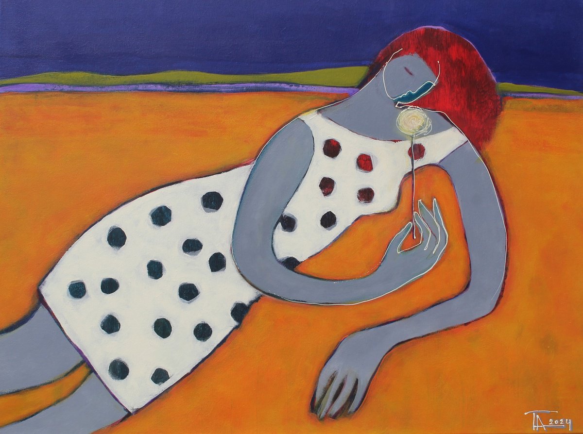 Expressive Portrait Acrylic Painting By Tatjana Auschew, 31 X 24", Girl With A Dandelion., Original Artwork