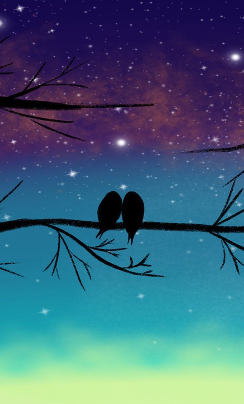 birds on a starry night wire tree print blue edition by Stuart Wright
