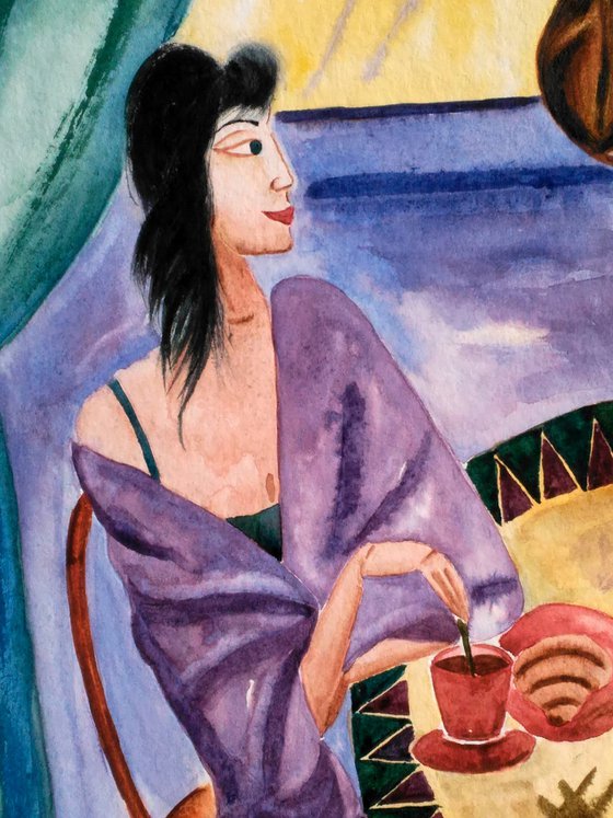 Woman and Cat Painting Figurative Original Art Lady and Cat Watercolor Paris Breakfast Artwork Home Wall Art 12 by 17" by Halyna Kirichenko