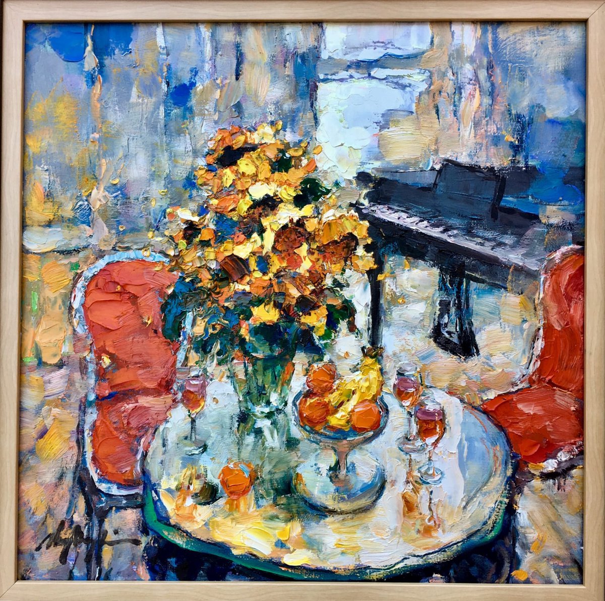Impressionistic Botanical Oil Painting By Dong Lin Zhang, 16 X 16, Sunflower In Music Room, Original Artwork
